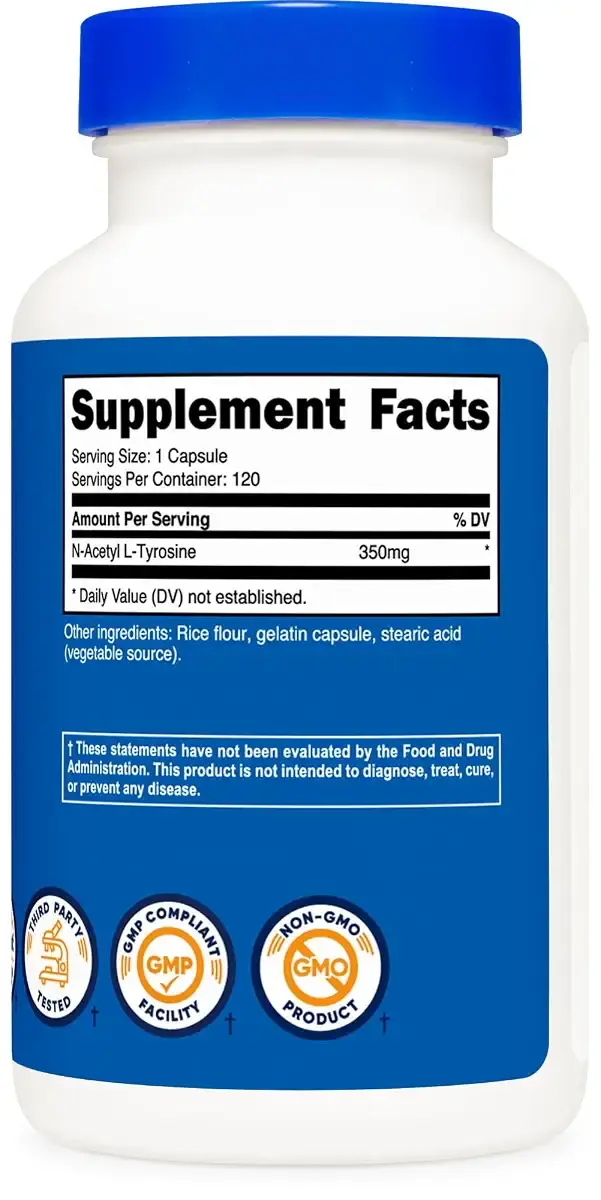 Nutricost N-Acetyl L-Tyrosine (NALT) 350mg 120 Capsules (2 Bottles) - Gluten Free Non-GMO — Capsules