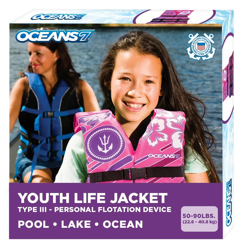 Oceans7 US Coast Guard-Approved Youth Life Jacket 50-90 lbs -Type III PFD Flexible-Fit Open-Sided Design Personal Flotation Device Pink/Berry