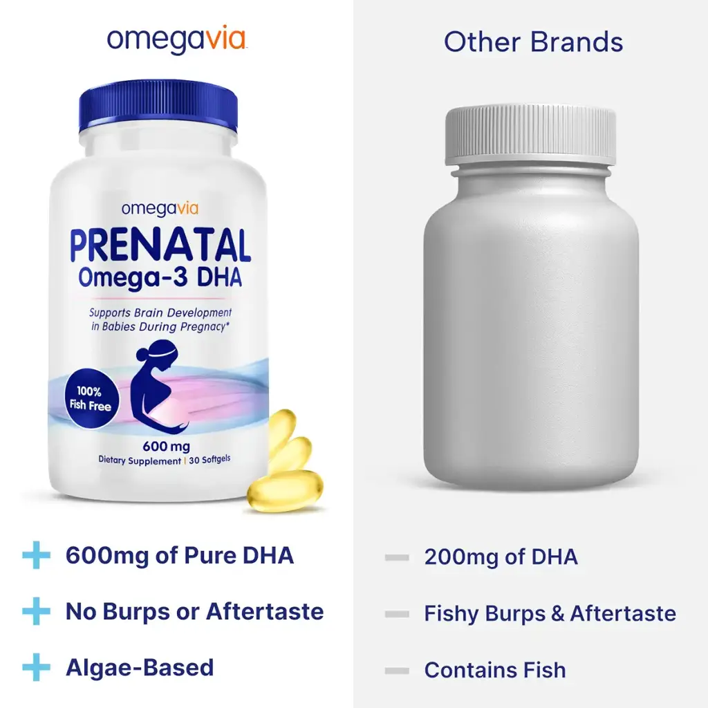 OmegaVia Prenatal DHA 600mg | Fish-Free Omega-3 Supplement | Supports Baby s Brain Eye & — pack of 30