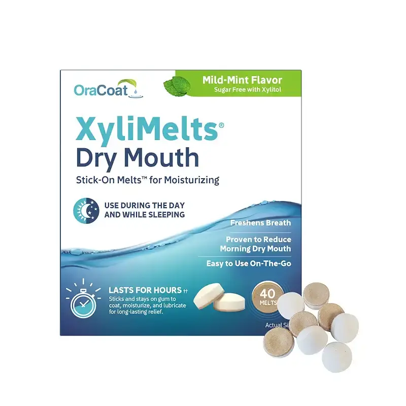 OraCoat XyliMelts Dry Mouth Relief Moisturizing Oral Adhering Discs Mild Mint with Xylitol, for Dry Mouth, Stimulates Saliva, Non-Acidic, Day and Night Use, Time Release for up to 8 Hours, 40 Count 40 Count (Pack of 1)