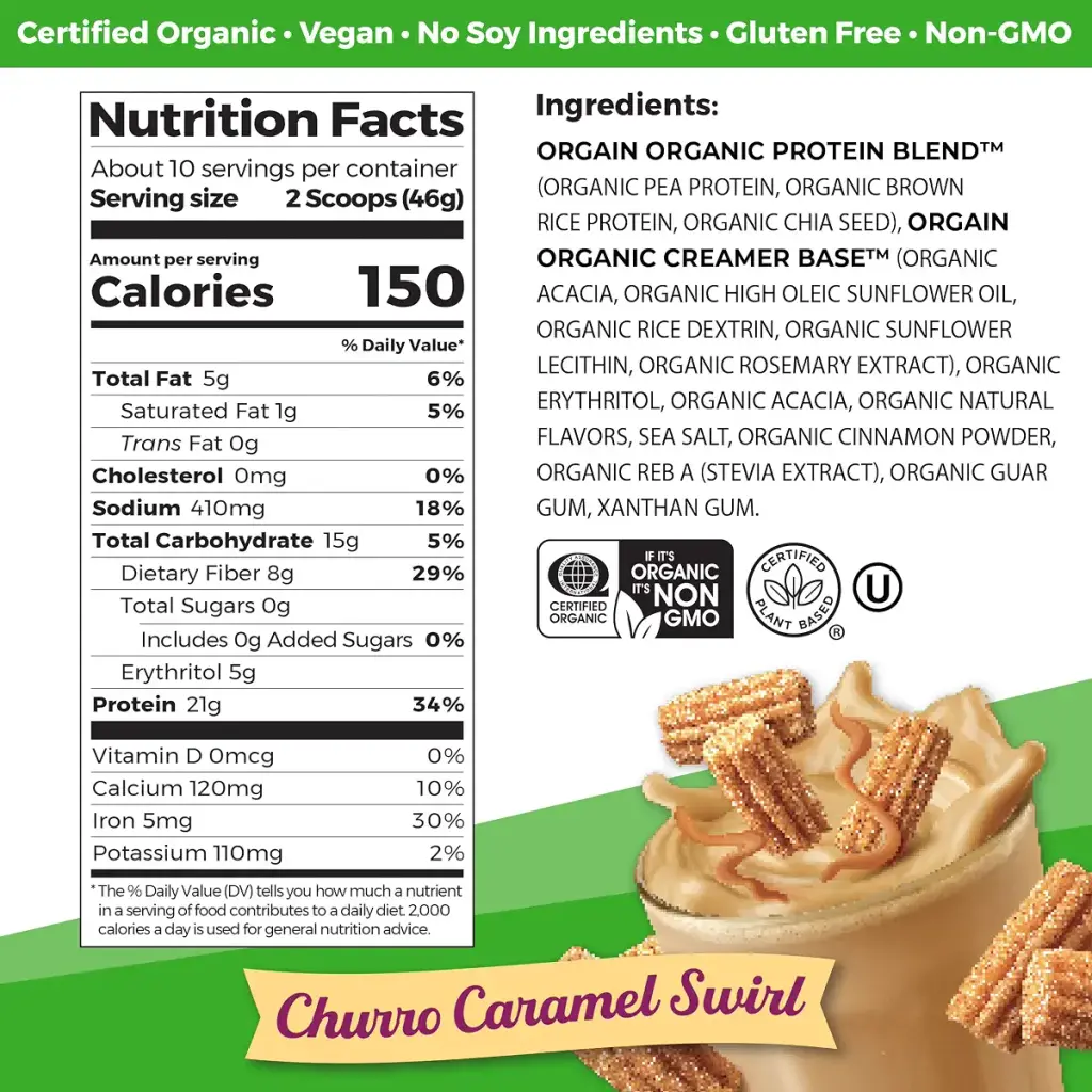 Orgain Organic Vegan Protein Powder Churro Caramel Swirl - 21g of Plant Based Protein Low — 21 g