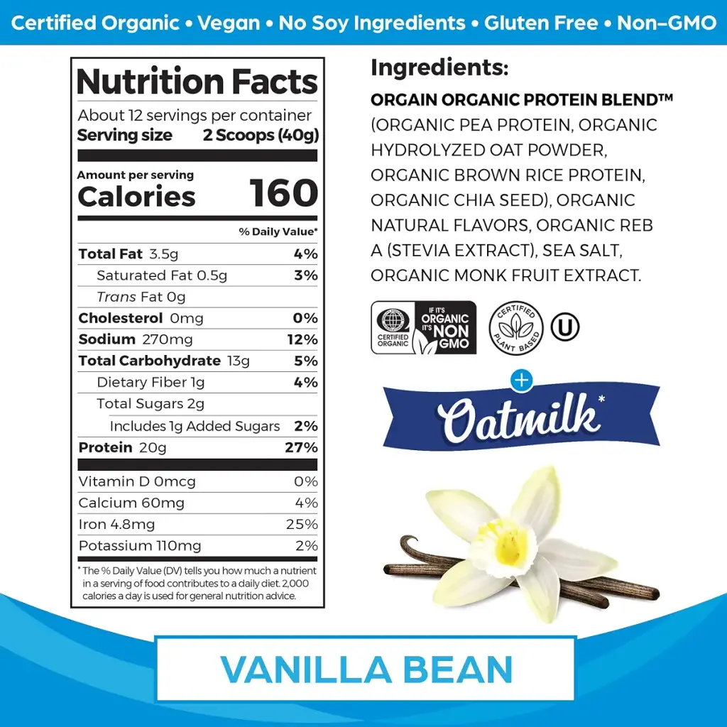 Orgain Vegan Protein Powder + Oatmilk, Vanilla Bean, 20g of Plant Based Protein, 2g of — 20 g