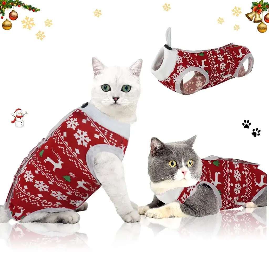 oUUoNNo Cat Wound Surgery Recovery Suit for Abdominal Wounds or Skin Diseases, After Surgery Wear, Pajama Suit, E-Collar Alternative for Cats Medium Christmas