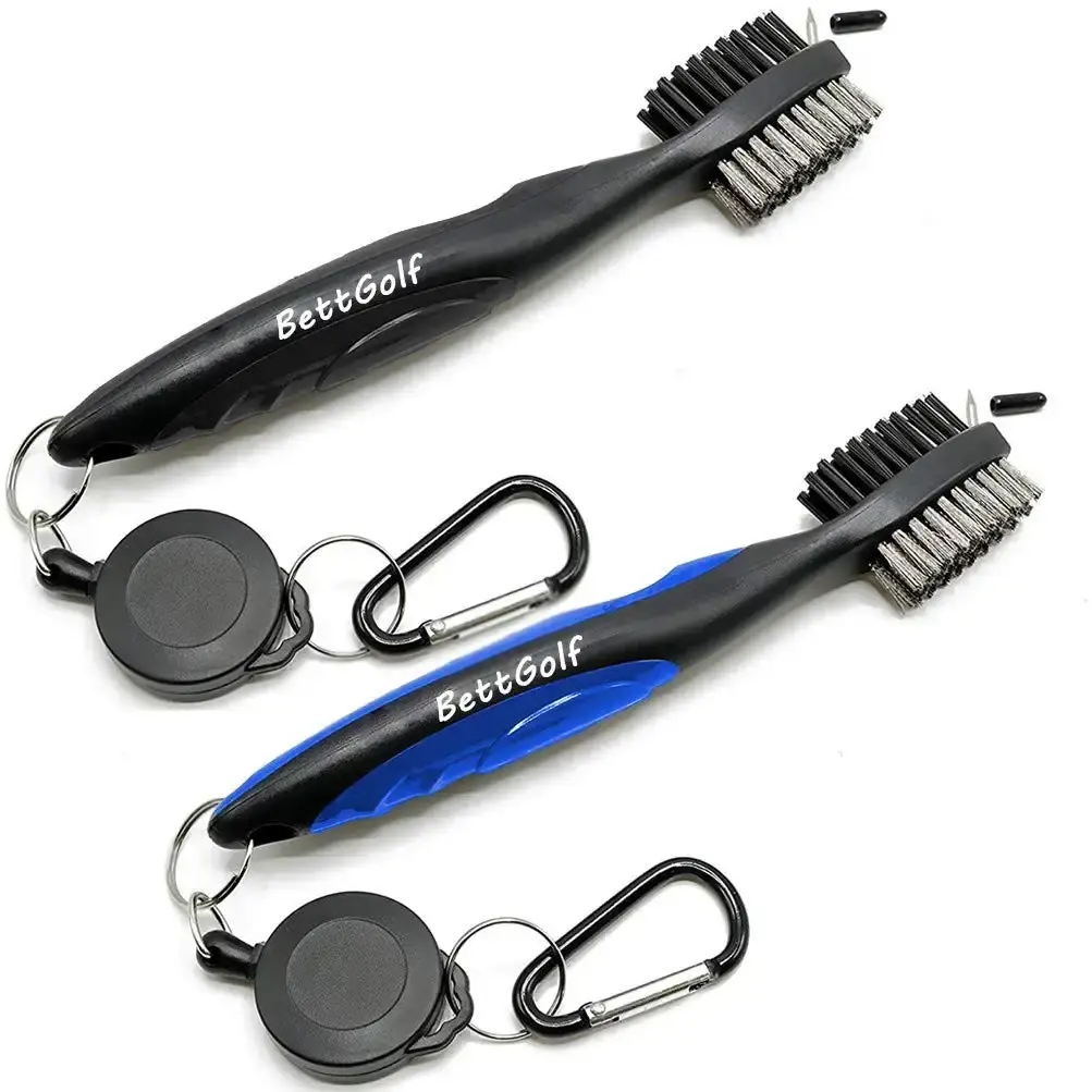 Pack of 2 Golf Club Brush and Groove Cleaner Brush Brushes for Golf Shoes/Golf Club/Golf/Golf Groove, Attach 2 feet Retractable Zip-line Aluminum Carabiner (Black+Blue)