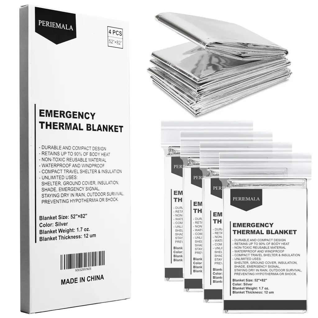 PERIEMALA Emergency Blankets for Survival Gear (Pack of 4) Camping Blanket Emergency Blanket Thermal Blanket Space Blanket Survival Blanket Mylar Blankets First Aid Supplies Outdoors Foil Silver 4 Pcs