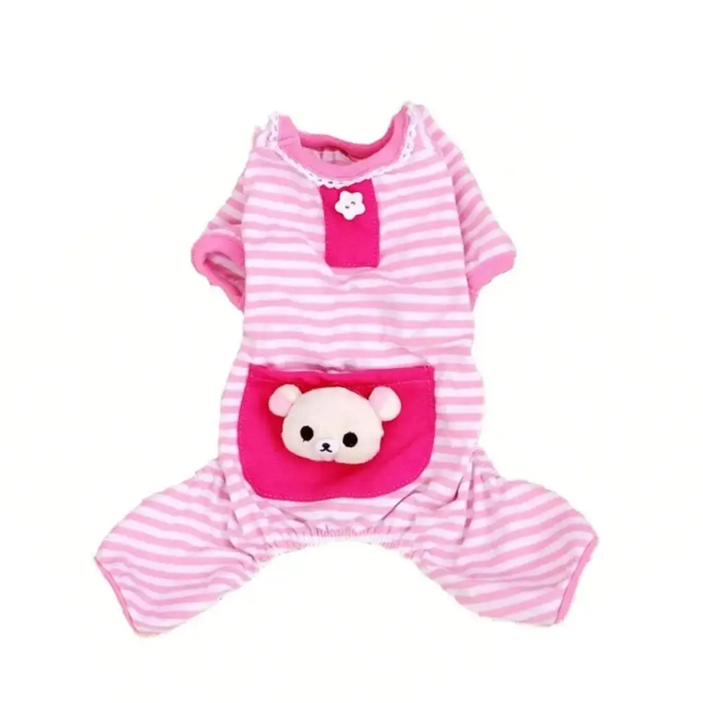 Pet Dog Pajamas Soft Cotton Shirt Jumpsuit Cute Overall Doggy Cat Strip Clothes Apparel for Play Sleep Small Red Strip