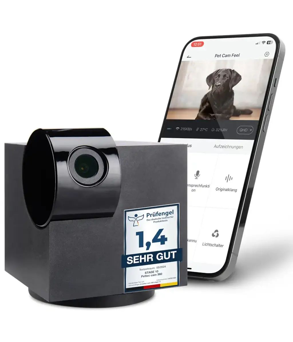 Pettec CAM 360 Pet camera Dog camera with app without subscription trap - cats & dogs camera at home with movement identification & night vision function - Full HD panoramic 360 Swing & tilt - PET CAM PET CAM 360 (for medium/larger rooms)
