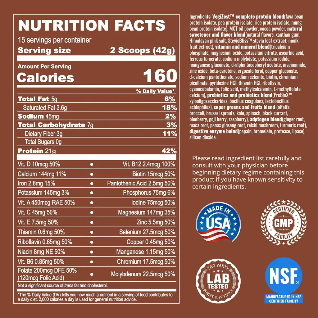 Plant Based Protein Powder Chocolate - Lactose & Dairy Free Protein Powder - Vegan — 21 g