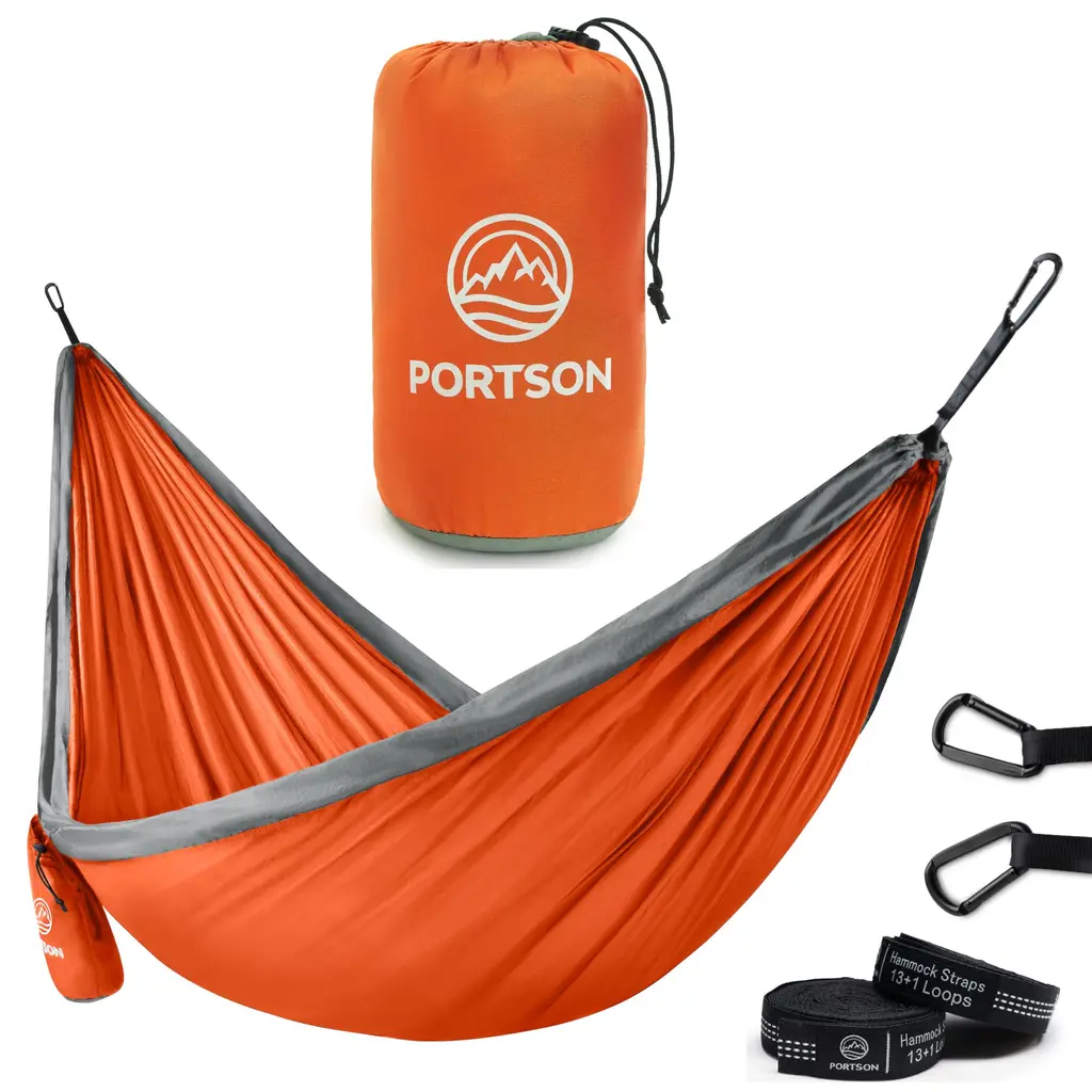 Portson Camping Hammock - Based in Madison - Double Hammock for Backpacking Travel Hiking - Portable Hammock - Tree-Friendly Straps Included Orange & Gray