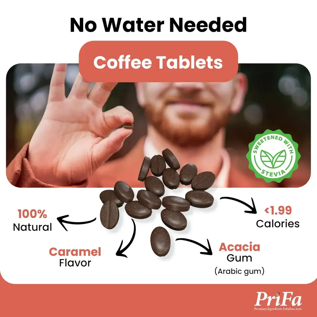 PriFa Caramel Coffee Tablets Sweetened with Stevia Rich & Buttery Flavor Instant Coffee — 15 mg