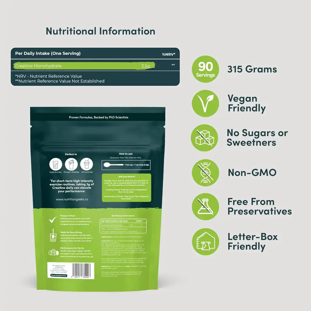 Pure Creatine Monohydrate Powder - 315g (90 Servings) - Easy Dissolve Creatine Powder — Unflavoured