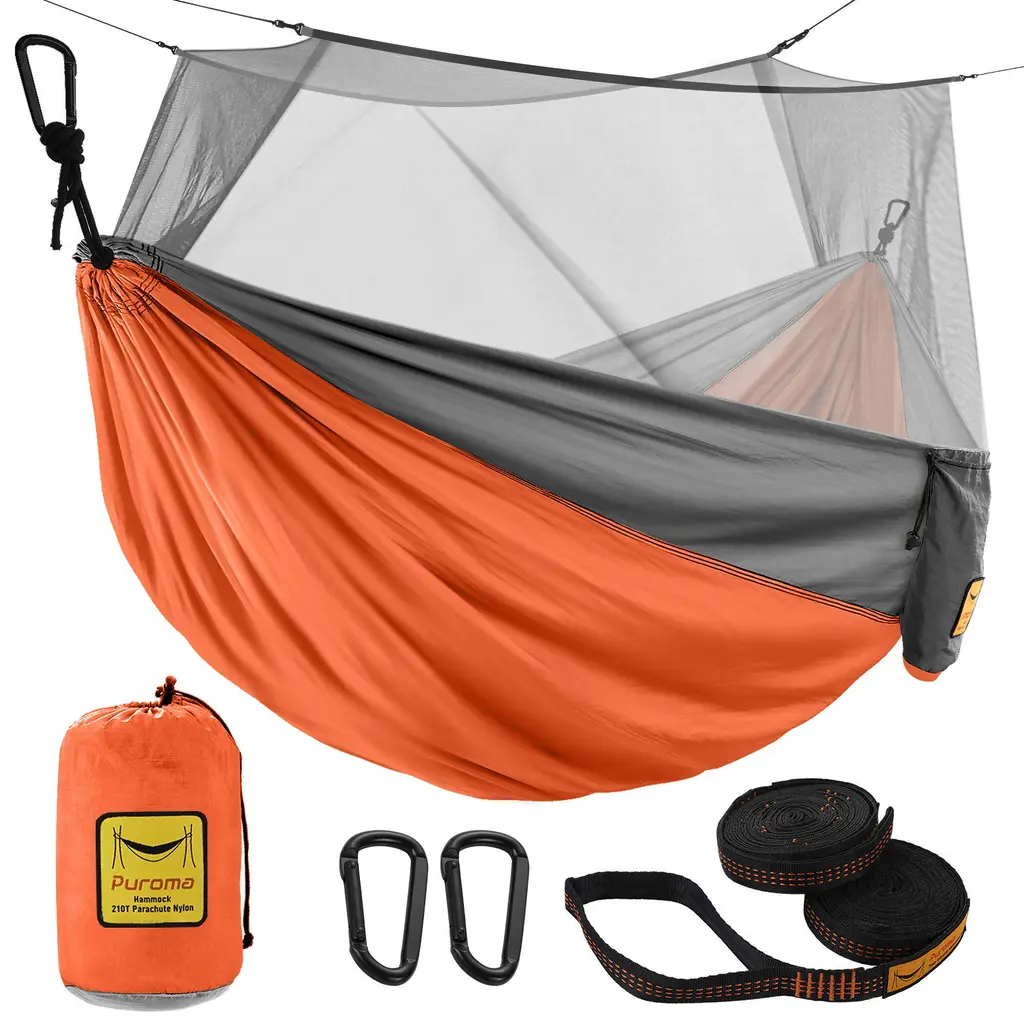 Puroma Camping Hammock with Net Double & Single Hammock with Tree Straps Portable Hammock Ultralight Nylon Parachute Hammocks for Backpacking, Travel, Beach, Camping, Hiking, Backyard Orange & Light Grey Large