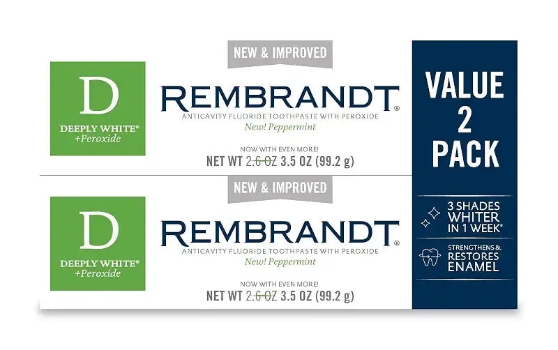 Rembrandt Deeply White + Peroxide Whitening Toothpaste, Peppermint Flavor, 3.5-Ounce (Pack of 2) (Packaging may Vary) 3.5 Ounce (Pack of 2)