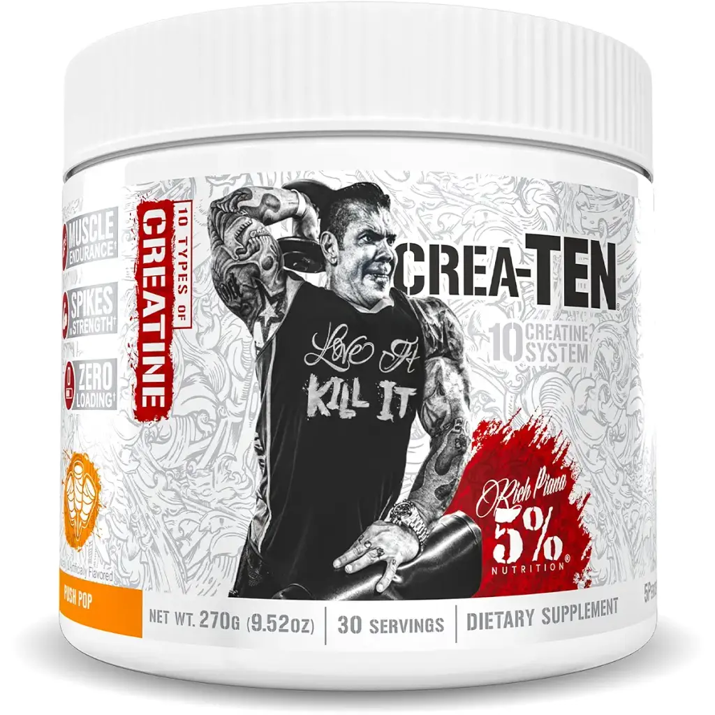 Rich Piana 5% Nutrition CreaTEN 10 Creatine Blend | Flavored Creatine Powder for Muscle Gain | Max Power, Strength, Endurance, & Recovery | 9.52 oz, 30 Srvngs (Push Pop)