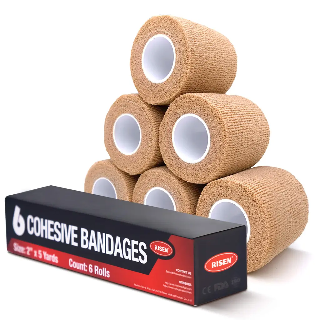 RISEN Cohesive Bandage 2" x 5 Yards, 6 Rolls, Self Adherent Wrap Medical Tape, Adhesive Flexible Breathable First Aid Gauze Ideal for Stretch Athletic, Ankle Sprains & Swelling, Sports, Human, Animals Tan