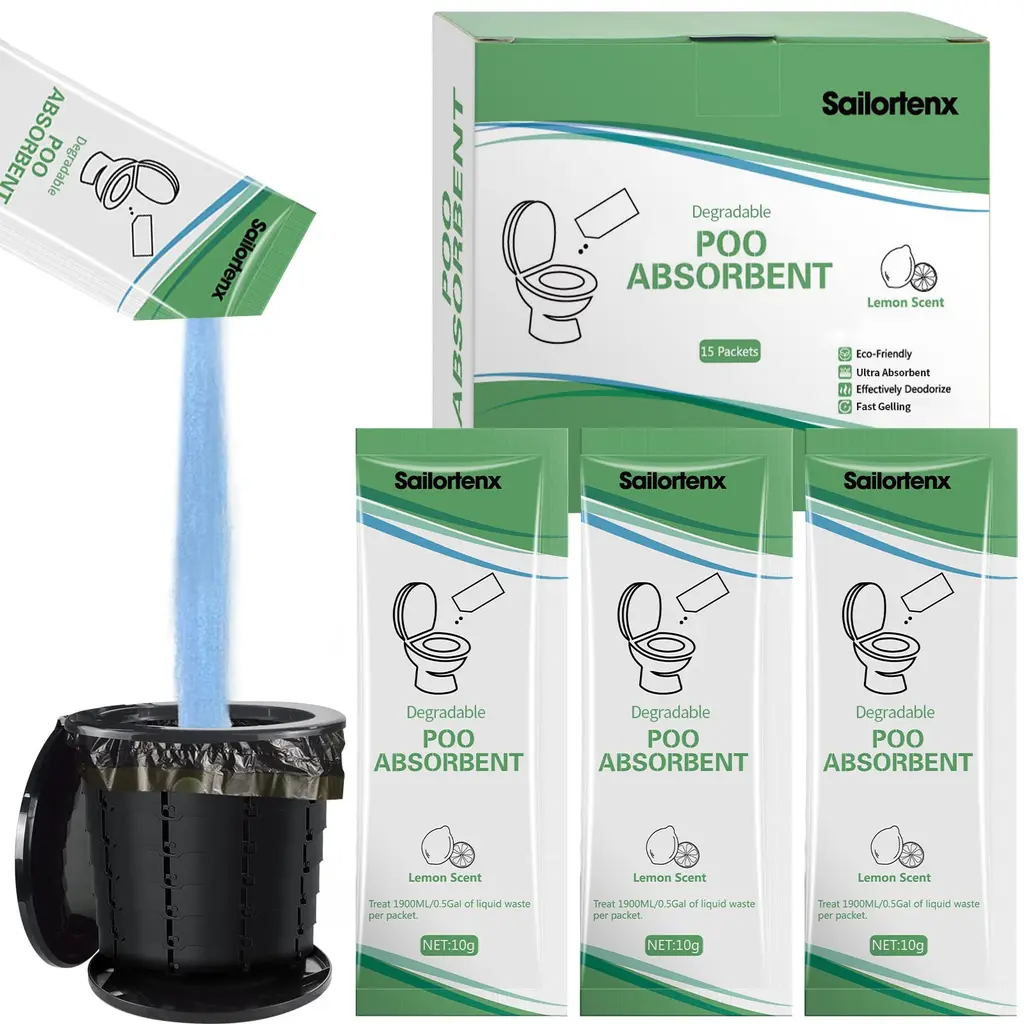 Sailortenx Poo Absorbent for Portable Toilet, Camping Toilet Chemicals, Eco Degradable Absorbent Gel Liquid Waste Gelling and Deodorizing Absorbent Emergency Toilet Waste Treatment 15 Pack