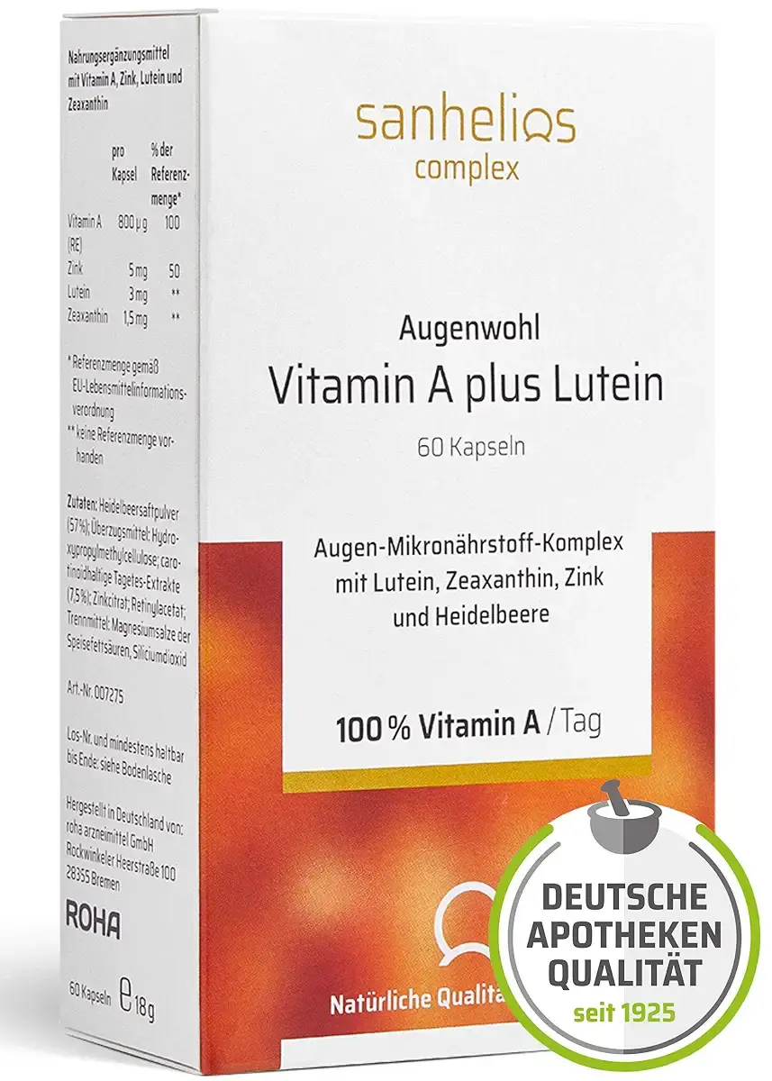 Sanhelios Ways of Vitamin A + Lutein + Zink + Zeaxanthin + Heildelberere in Premium pharmacy quality |60 vegan capsules 2 months - made & checked in Germany