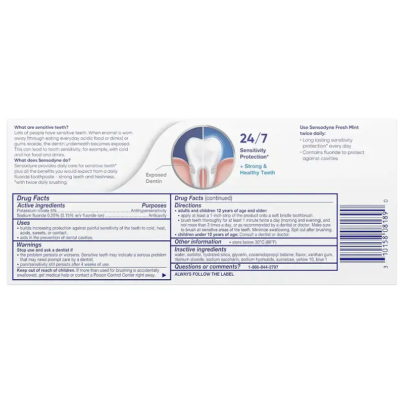 Sensodyne Fresh Mint Sensitive Toothpaste, Cavity Prevention and Sensitive Teeth — 4 oz