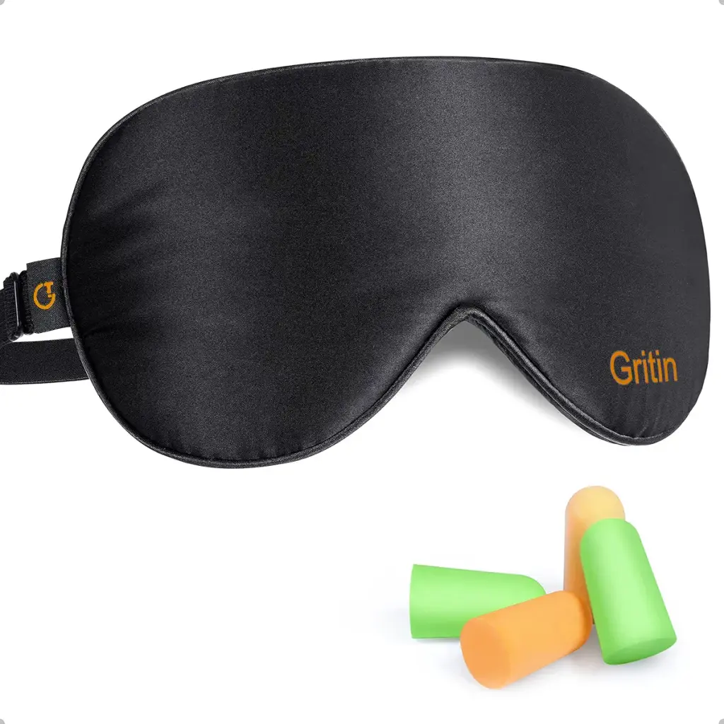 Silk Sleep Eye Mask for Men/Women/Kids, Gritin Ultra Soft Skin-Friendly Silk Eye Sleeping Mask with Adjustable Strap and Ear Plug - Light Blocking Eye Blindfold for Sleeping/Travel