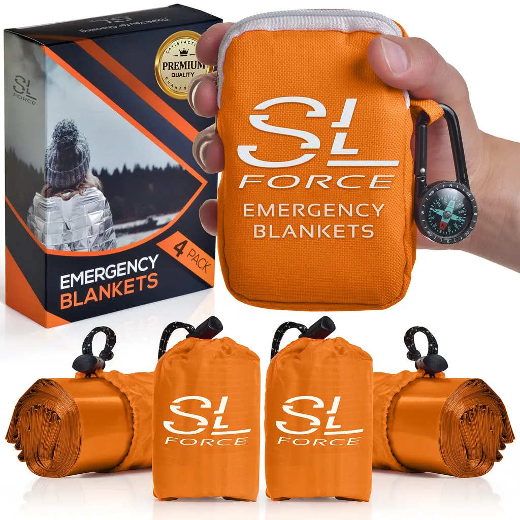 SLFORCE Emergency Blankets for Survival, 4 Pack of Gigantic Space Blanket. Comes with Four Extra-Large Mylar Blankets, Compass, and Zipper Bag. The Best Thermal Space Blankets (4, Orange, Extra Large) X-Large Orange 4