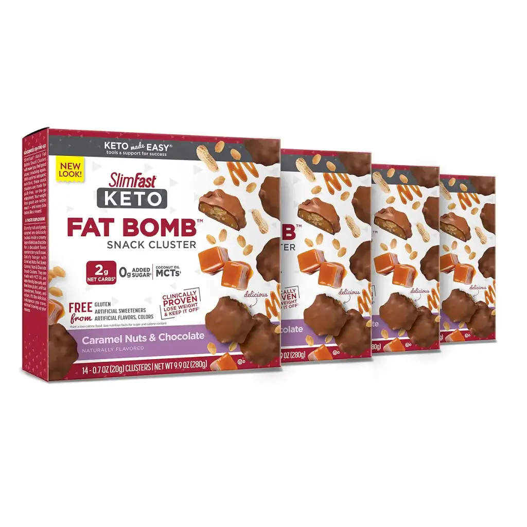 SlimFast Keto Fat Bomb Snack Cluster, Caramel Nuts & Chocolate, Keto Snacks for Weight Loss, Low Carb with 0g Added Sugar, 14 Count Box (Pack of 4) Caramel Cluster