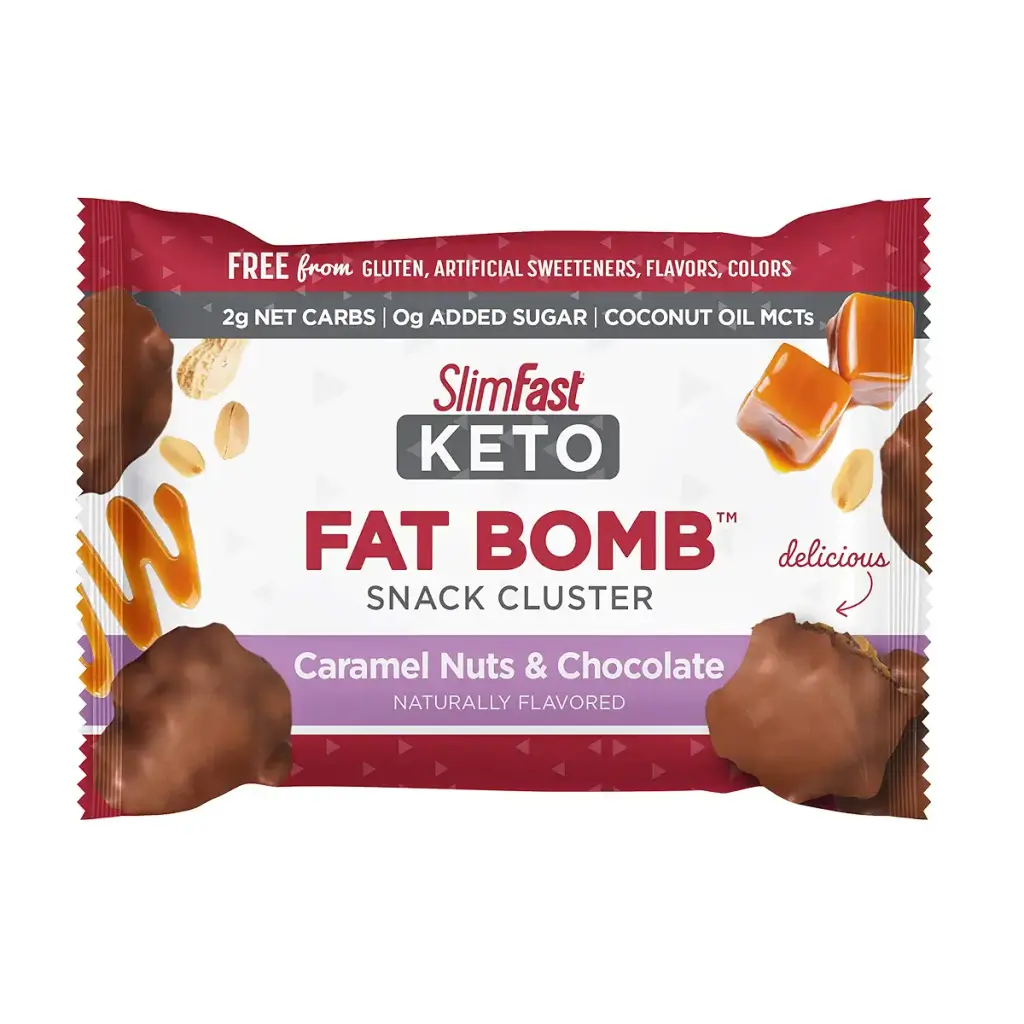 SlimFast Keto Fat Bomb Snack Cluster, Caramel Nuts & Chocolate, Keto Snacks for Weight — 0 g