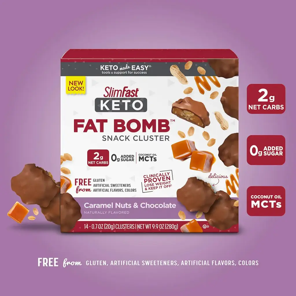 SlimFast Keto Fat Bomb Snack Cluster, Caramel Nuts & Chocolate, Keto Snacks for Weight — pack of 4