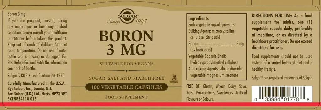 Solgar Boron 3 mg Vegetable Capsules - Food Supplement 100 capsules (pack of 1) - Vegan — SOLGAR