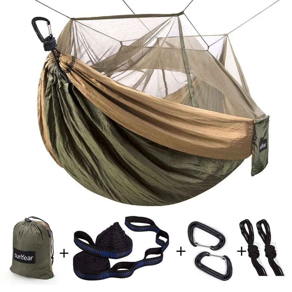 Sunyear Camping Hammock, Portable Double Hammock with Net, 2 Person Hammock Tent with 2*10ft Straps, Best for Outdoor Hiking Survival Travel Army Green/Khahi 55"W*106"L