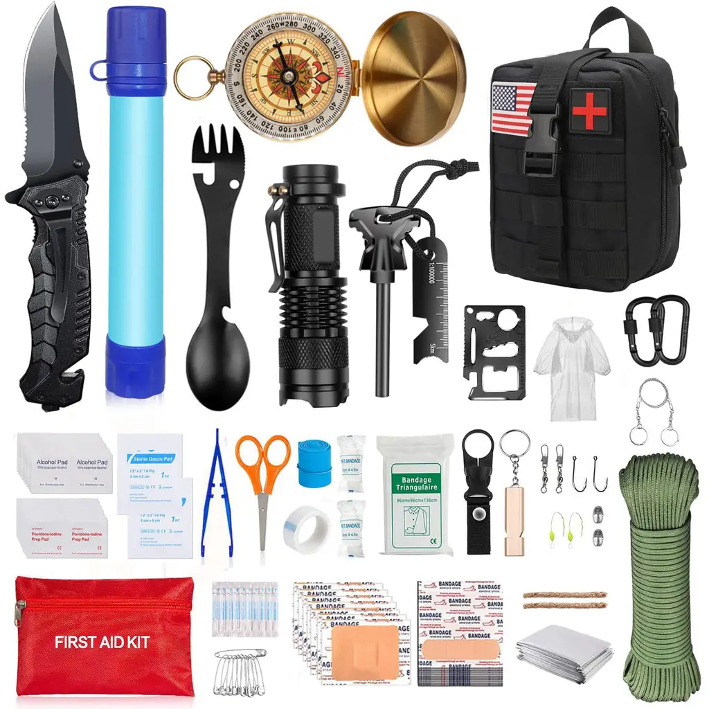 Survival Kit and First Aid Kit,Unique Gifts for Men Teenage boy Husband dad Kid,Survival Gear and Equipment for Camping Fishing Hunting Black Aid kits with raincoat
