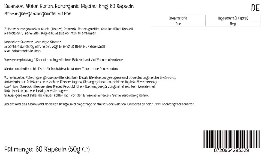 Swanson Albion Boron 6mg Bororganic Glycine 60 Capsules High Dose Laboratory Tested Soy — Swanson