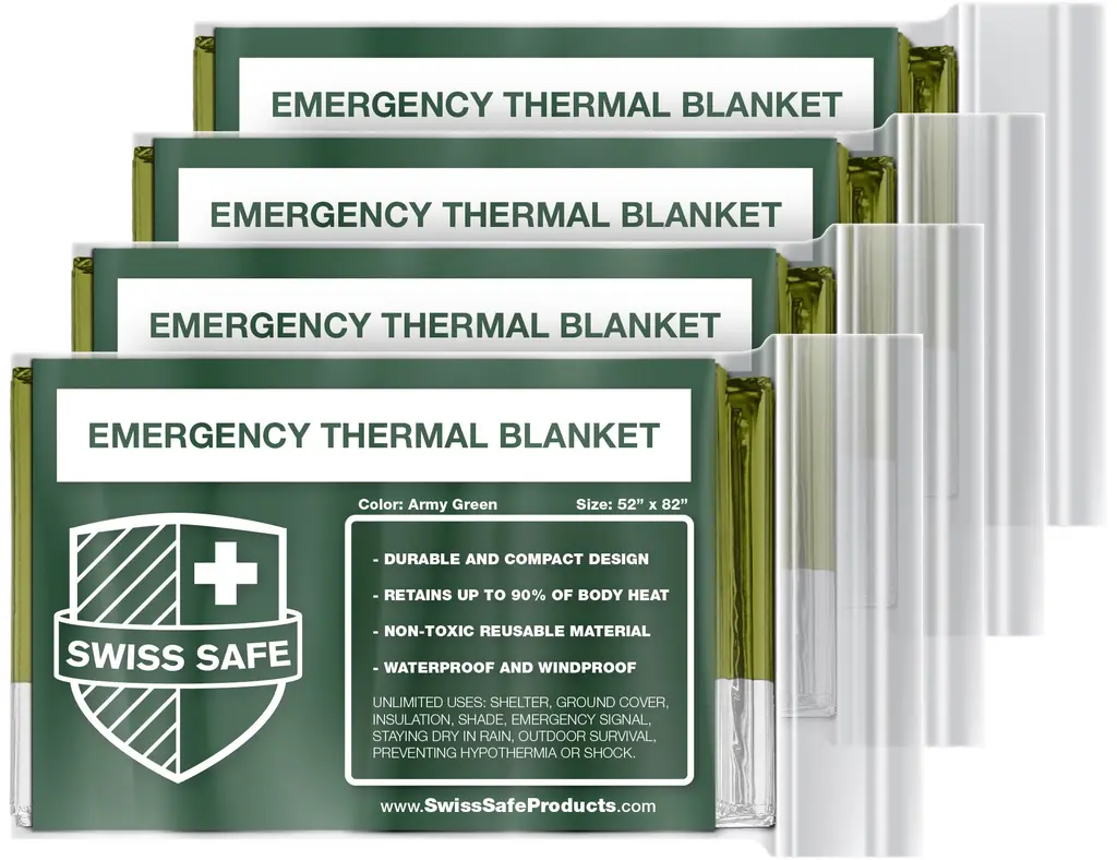 Swiss Safe Emergency Mylar Thermal Blankets + Bonus Gold Foil Space Blanket. Designed for NASA, Outdoors, Survival, First Aid, Army Green, 4 Pack