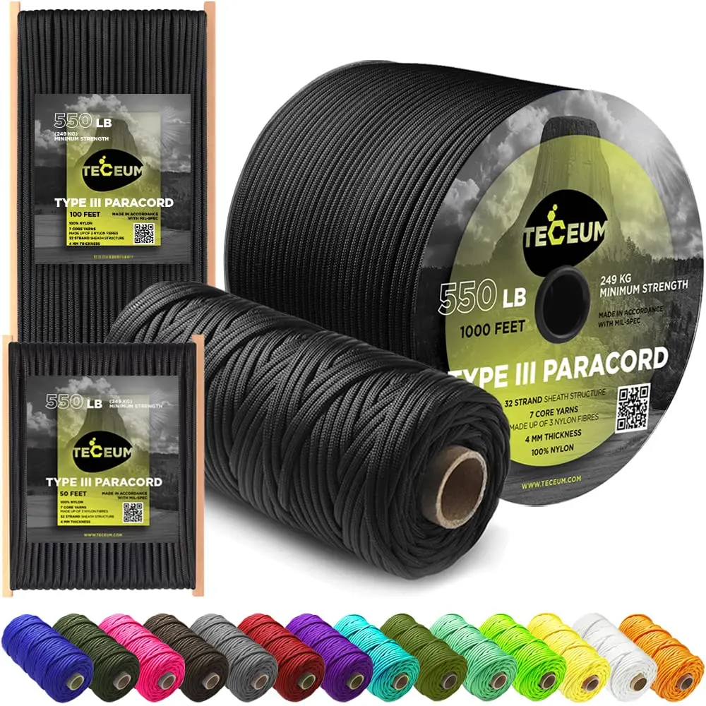 TECEUM Paracord 550 lb Ideal for Crafting DIY Projects Camping Military Active Outdoors 40 Colors Tactical Parachute Cord Type III Strong Survival Rope Black 100 ft