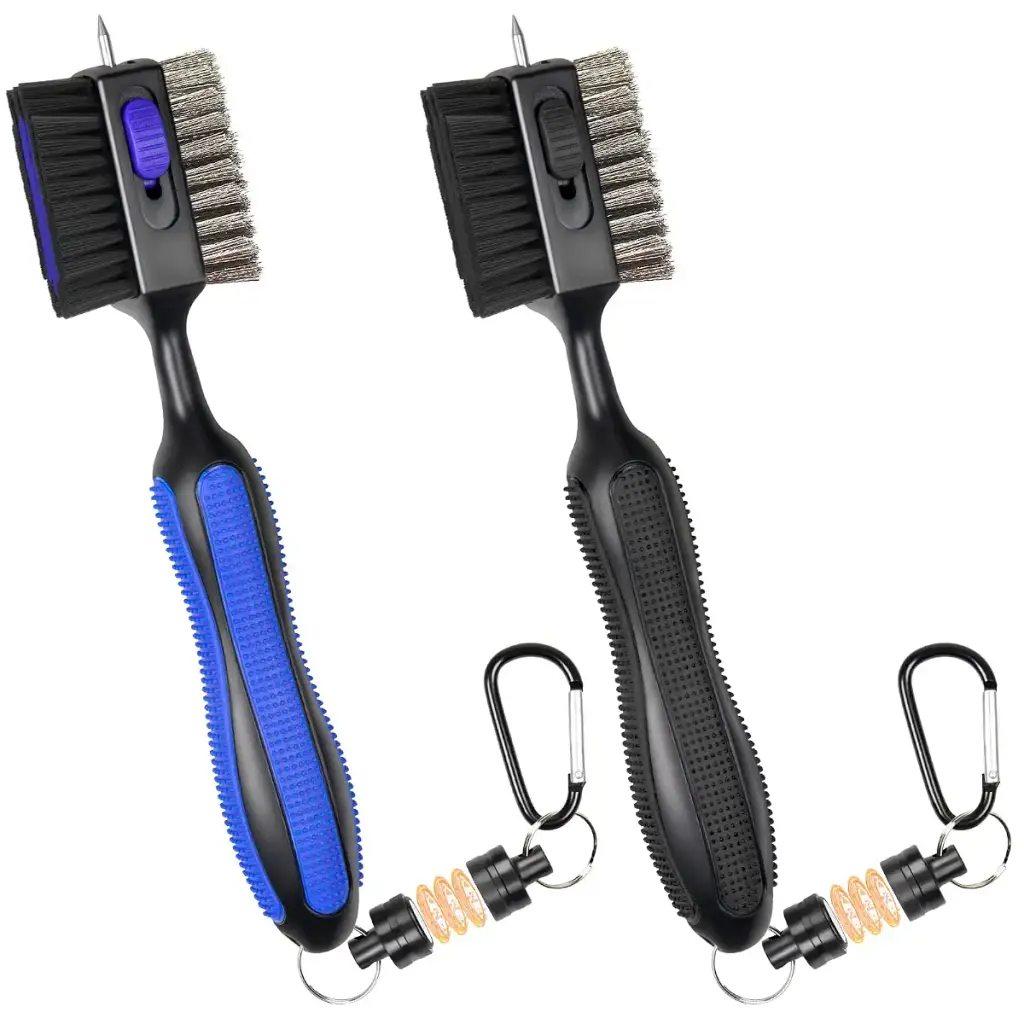 THIODOON 2 Pack Golf Club Brushes and Groove Cleaner with Magnetic Keychain Oversized Golf Brush Head and Retractable Spike Super Non-Slip Handle Comfortable Grip Golf Club Cleaner 2-pack Black & Blue(Straight handle)