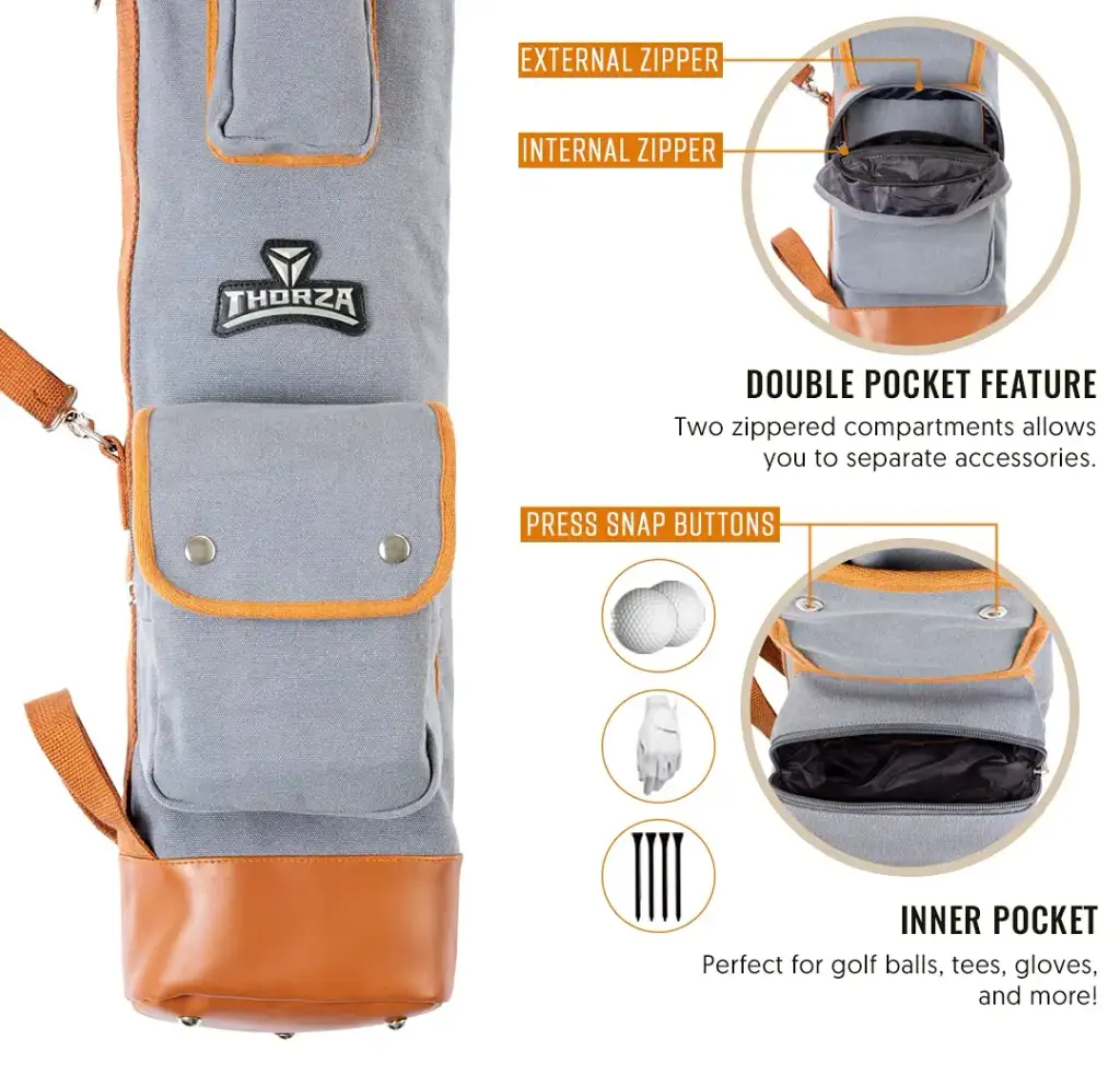 Thorza Sunday Golf Bag for Men and Women - Vintage Canvas and Leather Stores Balls, Tees — Thorza