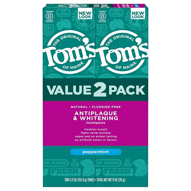 Toms of Maine Fluoride-Free Antiplaque Whitening Natural Toothpaste Peppermint 5.5 oz. 2-Pack (Packaging May Vary) Peppermint 2 Count (Pack of 1)