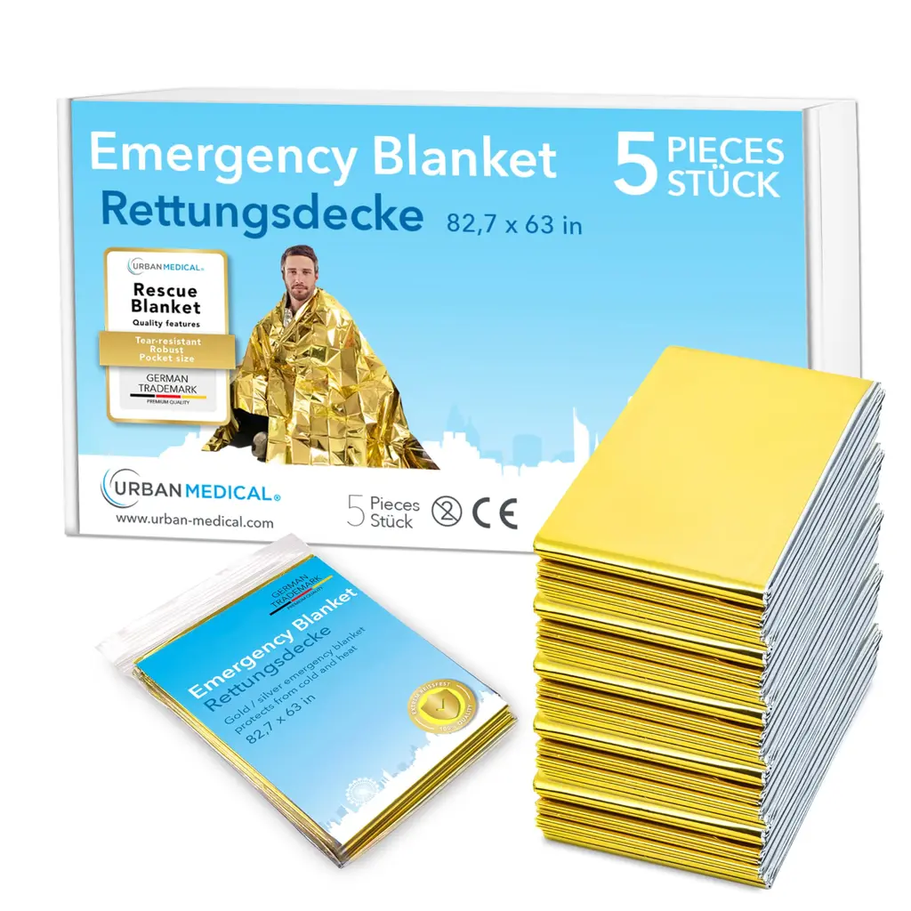 URBAN MEDICAL Premium Rescue Blanket | First Aid Rescue Film | 5 Pieces | Gold/Silver | 210 x 160 cm | Waterproof Emergency Blanket | Cold Protection | Heat Protection | Car Accessories