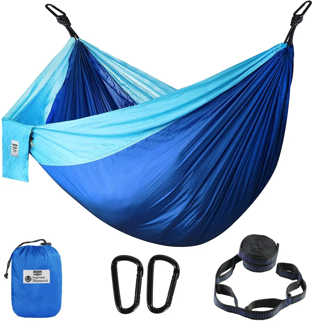 Utopia Home Camping Hammock Double & Single with 2 Tree Hammock Straps, Travel Hammock Backpacking Nylon Parachute Hammock for Outdoor & Hiking Large Blue & Light Blue
