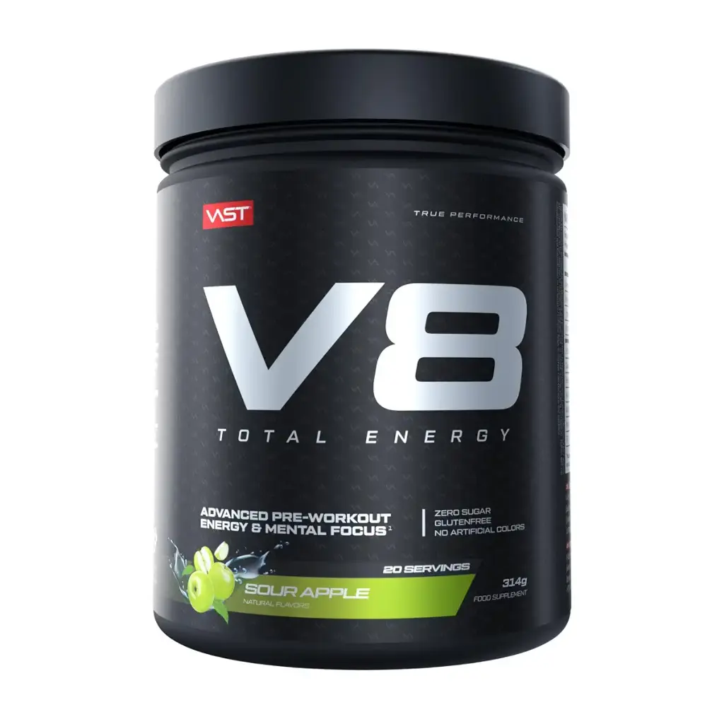 VAST Sports V8 Total Energy Pree Workout Booster Training booster CarnoSyn BetaPower natural caffeine vegan sugarfree 20 servings Made in Germany Sour Apple