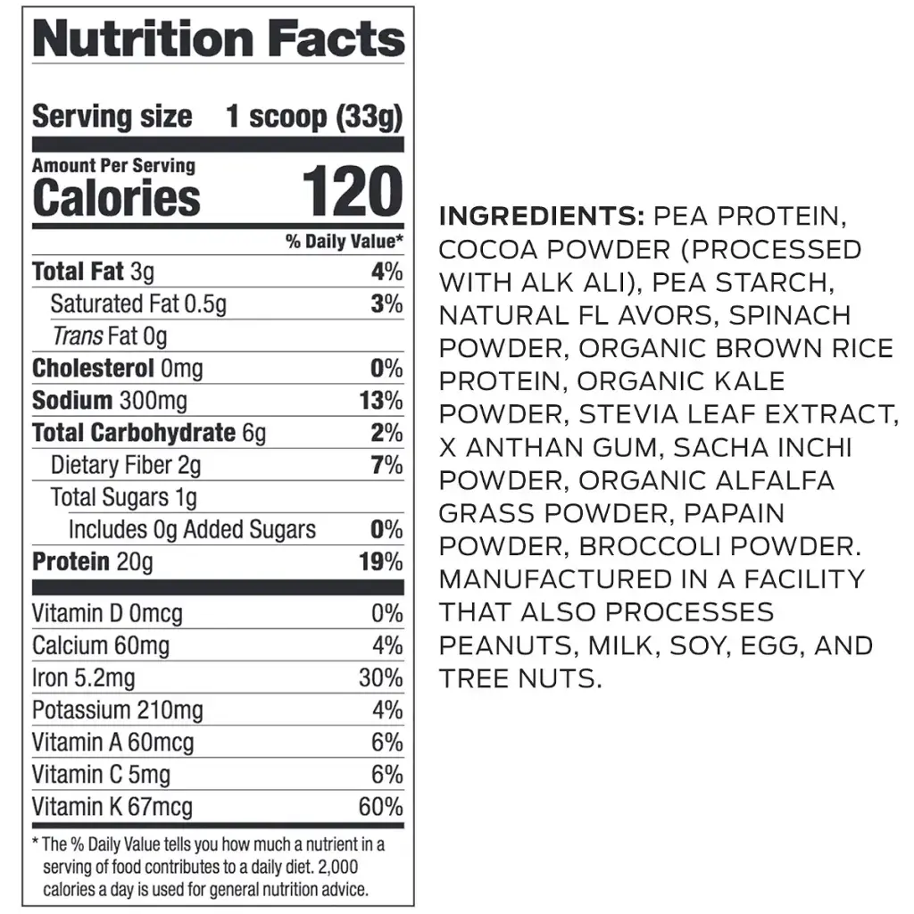 Vega Protein and Greens Chocolate Vegan Protein Powder 20g Plant Based Protein Pea — 20 g