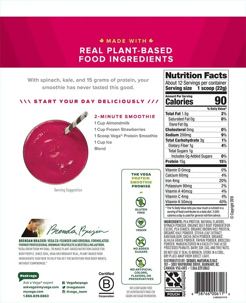 Vega Protein Smoothie, Berry, Plant Based Protein Powder - Vegan Protein Powder — 9.2 oz