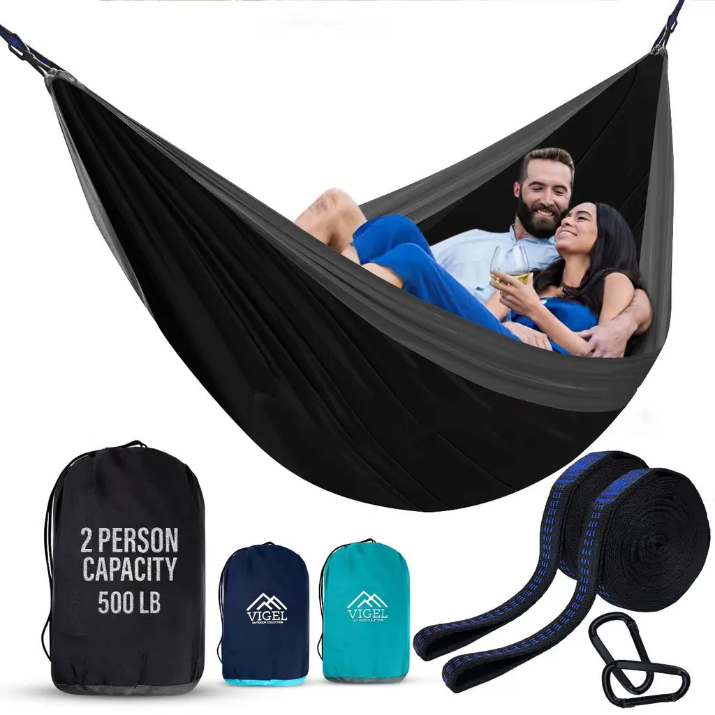 Vigel Camping Hammock - Durable Hammock Double or Single Hammock - Portable Tree Hammock - Hammocks for Outside - Outdoor - Easy to Set, Heavy Duty Camping Accessories for Outdoor, Travel, Hiking Black & Grey Large