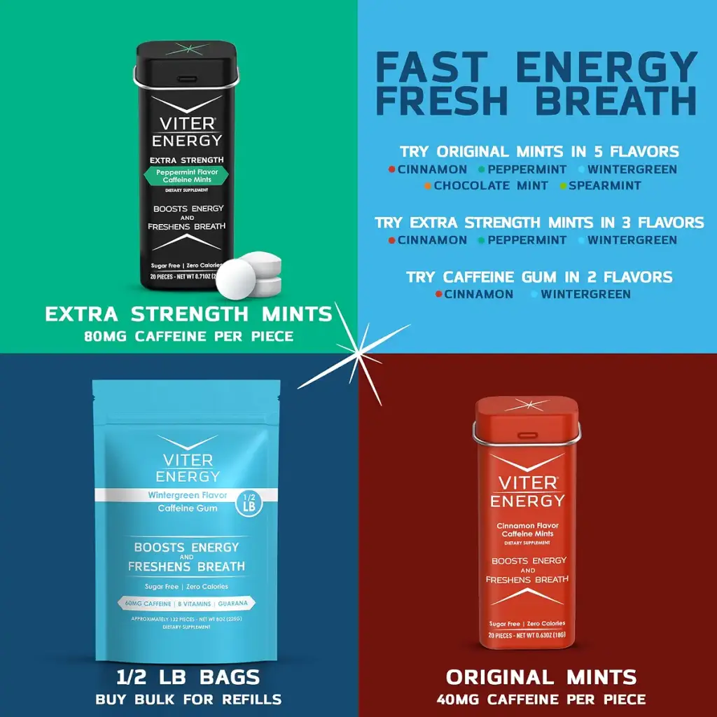 Viter Energy Caffeinated Gum - 2 Flavor Variety Sampler. 60mg Caffeine, B Vitamins — Viter Energy