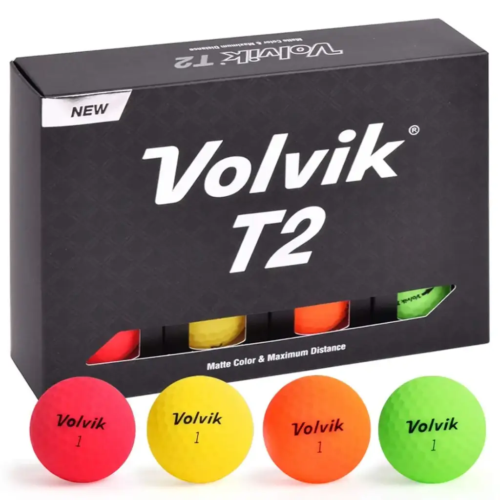 Volvik T2 Ionomer Polymer Low Side Spin Matte Finished Long Distance Balls 2-Pieces, 1 Dozen Multicolor