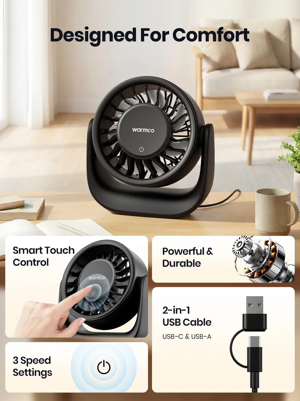 DS1 Quiet USB Desk Fan, view 3