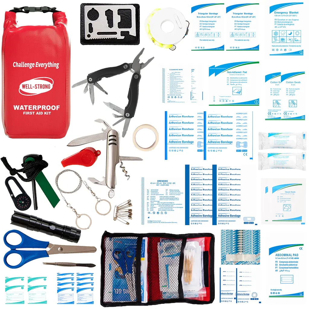 WELL-STRONG Survival First Aid Kit for Boating & Marine 123pcs Waterproof Boat Emergency Kit for Fishing Kayaking Boating Swimming Camping Rafting Beach Ws014-red
