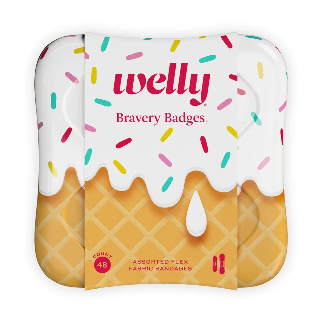 Welly Bandages | Adhesive Flexible Fabric Bravery Badges | Assorted Shapes for Minor Cuts, Scrapes, and Wounds | Colorful and Fun First Aid Tin | Ice Cream Patterns - 48 Count