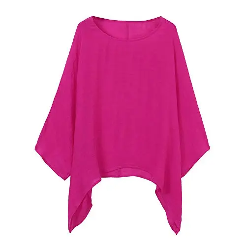 Womens Casual Loose Plus Size Cotton Linen Tops Summer Solid Crewneck T-Shirt Blouse Tunics Shirt 3X-Large Hot Pink