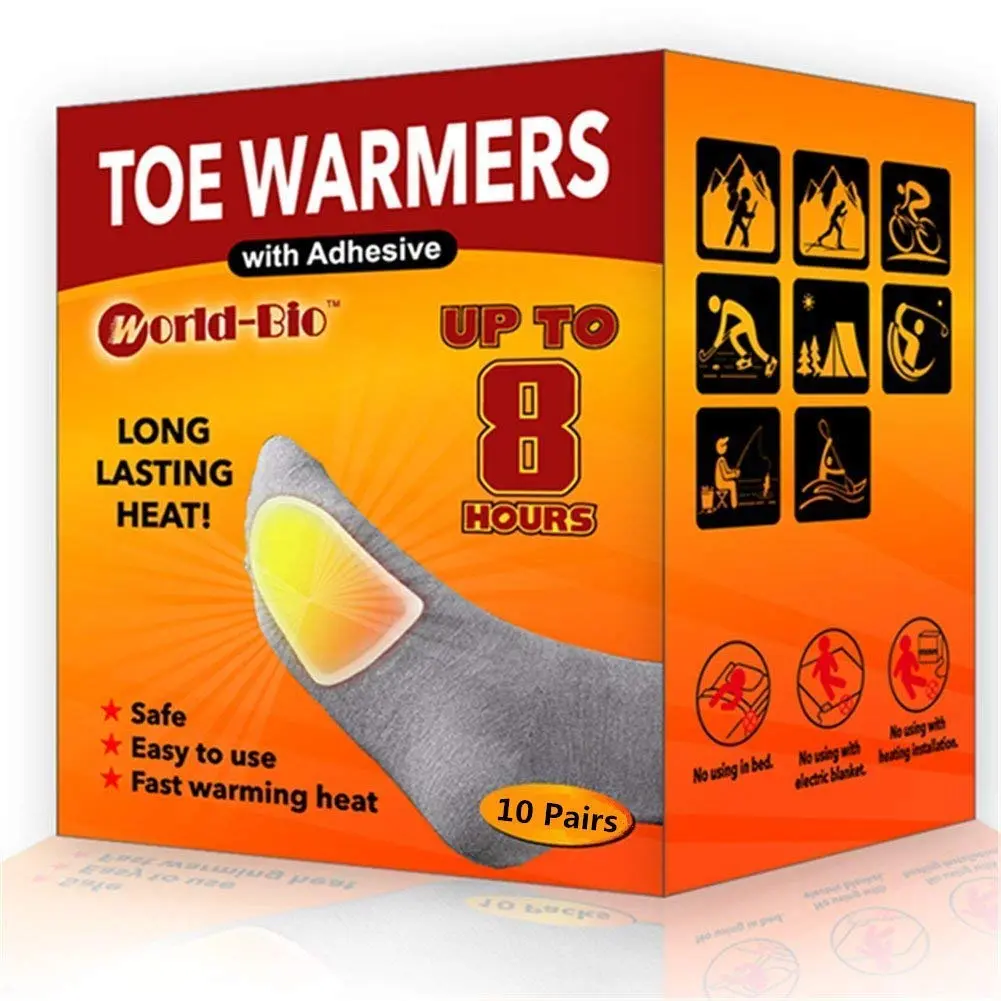 World-BIO Toe Warmers Adhesive 10/20/30/40 Pairs - Long Lasting Safe Natural Odorless Air Activated Warmers Up to 8 Hours of Heat - Heated Insoles Toe Foot Warmers Keep Foot Warm in Chill Winter Toe warmers - 10 pairs