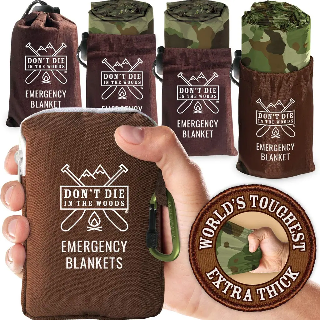 Worlds Toughest Emergency Blankets 4-Pack Extra-Thick Thermal Mylar Foil Space Blanket | Waterproof Ultralight Outdoor Survival Gear For Hiking, Camping, Running, Emergency, First Aid Kits Camo Woodland Camo